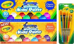 Crayola Washable Kids Paint, Set of 20 Bottles, 10 Classic Colors and 10 Neon Colors, 2-ounce Bottles, and a Crayola 5-count Arts and Crafts Assorted Brush Set
