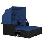 RELAX4LIFE Patio Outdoor Daybed with Canopy, Wicker Sunbed w/Cushions, 4 Pillows & 2 Retractable Side Trays, 2-Person Lounge Bed Conversation for Poolside Porch Garden, Rattan Outdoor Bed (Navy)