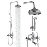 AlenArt Outdoor Shower Fixtures Polished Chrome Shower Faucet Set 8-Inch Rainfall Shower Head with Handheld Spray Tub Spout Double Cross Bathroom Wall Mounted