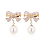 QIAOLEHUI Bow Earrings for Women Teen Girls Gold Pearl Drop Dangle Earrings Bowknot Stud Wedding Party Daily Jewelry Accessory Gifts for Her, Metal, No Gemstone