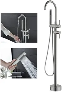 Freestanding Bathtub Faucet Floor Mount Tub Filler Brush Nickel, OMEKNTOP Modern Freestanding Tub Faucet with 360 Swivel Gooseneck Spout and Handheld Shower, Standing Tub Faucet for Bathroom