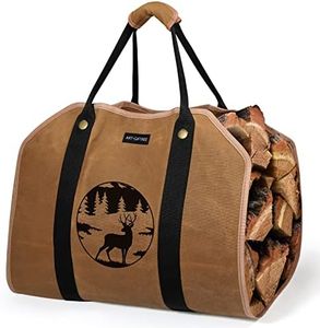 ART-GIFTREE Large Firewood Carrier 39 x 18 inches Waxed Canvas Logs Carrier Tote Bag with Handles, Heavy Duty Wood Holder for Fireplace - Reindeer