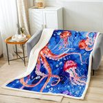 Squid Fleece Sherpa Blanket Jellyfish Blanket for Bed Couch Chair Ocean Creature Themed Throw Blanket Sea Underwater World Fuzzy Blanket Comfort Watercolor Throw 50"x60" Reversible