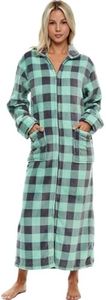 Alexander Del Rossa Women's Zip Up Fleece Robe, Soft Warm Plush Oversized Zipper Bathrobe, Buffalo Check Sage Gray, Medium