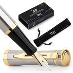 Wordsworth & Black Fountain Pen Set, 18K Gilded Medium Nib, Includes 24 Pack Ink Cartridges, Ink Refill Converter & Gift Pouch, Gold Finish, Calligraphy, [Silver Gold], Perfect for Men & Women