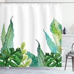 Ambesonne Leaf Shower Curtain, Watercolor Hand Drawn Style Print Panda Banana Fragipani Tropical Trees Exotic Leaves, Cloth Fabric Bathroom Decor Set with Hooks, 69" W x 75" L, Green White