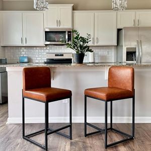 PHI VILLA Bar Stools Set of 2 - Counter Height 24'' Bar Stool Pu Leather Kitchen Modern Bar Chairs, Bar Stools with Back