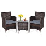 KOTEK 3 Piece Patio Furniture Set, Outdoor Wicker Conversation Set w/Glass Top Coffee Table, Thick Cushions, Rattan Bistro Set for Patio, Garden, Porch, Lawn (Grey)