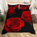 Feelyou Red Roses Bedding Set Luxury Rose Floral Duvet Cover Girls Women Couple Lover Romantic Flowers Comforter Cover Valentine's Day Bed Set Red Black Bedroom Decor 3Pcs Queen Size (No Comforter)