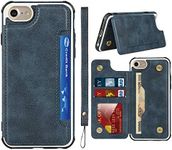 Cavor for iPhone SE 2020/ SE 2022 Case,for iPhone 6/6s Case,iPhone 7/8 Case,Leather Stand Cover Card Slots Back Case with Buttons Closure & Wristlet Strap for iPhone SE 2020/6/6S/7/8-Navy Blue