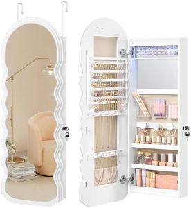 SONGMICS Mirror Jewelry Cabinet Wall Mounted Over the Door, Hanging LED Jewelry Organizer, Lockable Wavy Wide Mirror with Storage, Interior Lights, 3.9 x 16.5 x 42.5 Inches, White UJJC031W01