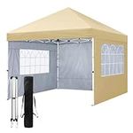 Teabelle 10 x 10 Pop Up Canopy with 4 Sidewalls & Carrying Bag, Adjustable Outdoor Party Instant Canopy Tent, Portable Gazebo with Church Windows and Zipper Door for Beach Patio BBQ Camping(Beige)