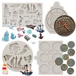 Sijiangmold Sailing Ship Silicone Molds Compass Anchor Rudder Lifebuoy Lighthouse Fondant Molds Treasure Coins Chocolate Mold For Cake Decorating Cupcake Topper Candy Gum Paste Polymer Clay Set Of 4