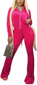 Chatinction Women's 2 Piece Velvet Outfit Long Sleeve Zipper Crop Tops and Wide Leg Pants Sweatsuit Set Rose Red XS