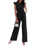 BTFBM Women Jumpsuits Crew Neck Ruffle Cap Sleeve Belted High Waist Wide Leg Romper with Pockets One Piece Casual Outfits, Solid Black, X-Large