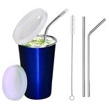 PARABRAHMA Stainless Steel Sipper for Kids with Straw Glass for Kids Milk Tumbler with Straw and Lid Sippy Cup with Gum Protection for Kids 2 Straw and 1 Cleaning Brush (300 ml, 1-4 Years) (Blue)