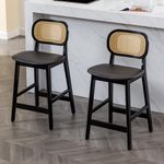 Wahson Mid Century Bar Stools Set of 2 Rattan Counter Chairs for Kitchen Islands Breakfast Bar Chairs with Backrest, High Stools for Home Bar/Pub, Black