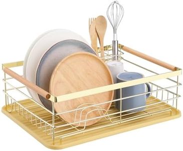 Navaris Dish Drainer Rack - Plate, Silverware, Pots and Pans Drying Rack for Kitchen with Beechwood Handles - Modern Retro Design Drip Tray - Gold