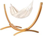 LA SIESTA® Modesta Cotton Hammock & Wood Stand - Indoor Outdoor Hammock with Stand, Larch Wood Stand - Extra Large 2 Person Hammock with Stand for Outside Patio Hammock - Max 440 Lbs, King, Latte