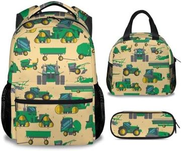 AIOMXZZ Tractor Backpack with Lunch Box Set for Boys, 3 in 1 School Backpacks Matching Combo, Cartoon Green Bookbag And Pencil Case Bundle