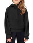 Arshiner Girls Half Zip Sweatshirt Fleece Pullover Hoodie Long Sleeve Fall Winter Tops Clothes Thumb Hole Black Sweatshirt Size 7-8