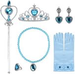 BUUFAN Girl Princess Dress up Accessories Costume Cosplay Queen Jewelry-Crown Wand Gloves Necklace Earrings Halloween Party Kids Birthday Party,5 Pieces Set (Blue)