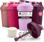 GOMOYO [4-Pack] 20 oz Protein Shaker Bottles | Women's Shaker Cups for Protein Shakes | Small Blender Shaker Bottle Set | Dishwasher Safe with 4x Action-Rod Wire Mixers | Pinks and Purples