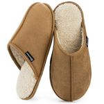 EverFoams Men's and Women's Suede Indoor House Slippers Memory Foam Bedroom Slip On with Warm Sherpa Lining (Men Size 11-12/Women Size 13-14, Tan)