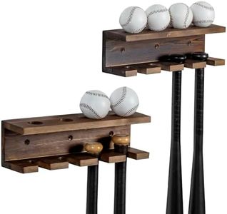 MyGift Solid Burnt Wood Baseball Bat Holder and Ball Display Shelf, Wall Mounted Sports Memorabilia and Collectibles Floating Shelf, Set of 2