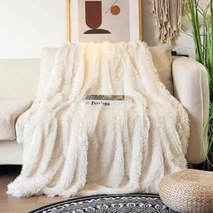 Tuddrom Decorative Extra Soft Faux Fur Blanket Queen Size 80"x90",Solid Reversible Fuzzy Long Hair Shaggy Blanket,Fluffy Plush Fleece Comfy Microfiber Fur Blanket for Couch Sofa Bed,Cream White