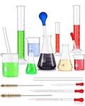 18 Pieces Lab Glassware Set Beaker Flask Cylinder Set Includes 3 Glass Beakers 3 Erlenmeyer Flasks 3 Graduated Measuring Cylinders with Droppers Brushes and Glass Stirring Rod for Lab Experiment