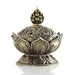 XFLYP Lotus Incense Burner, Chinese Style Zinc Alloy Holder Bowl Round With a Windproof Lid Suitable for Cone/Charcoal/Roll Incense, Home Office Decoration Gift, S (Bronze)