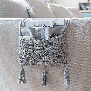Mkono Macrame Sofa Armrest Organizer Remote Control Holder Magazine Storage Basket Bed Couch Chair Arm Bedside Caddy for TV Remote Control, Magazine, Books, Cell Phone, iPad, Boho Home Decor, Grey