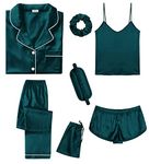 SWOMOG Womens Silk Satin Pyjamas Set Cami Sleepwear Short Sleeve Button Down Pjs 7pcs Eye Mask with Silky Hair Band Deep Green