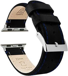BARTON WATCH BANDS - Black Leather & Blue Stitching Top Grain Leather Watch Bands Compatible with Apple Watch Models - 1, 2, 3, 4, 5, 6, 7, 8, 9, 10, SE, Ultra & Ultra 2 - (42mm/44mm/45mm/49mm)