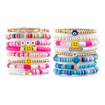 FUNDI 16 Pieces Preppy Heishi Stackable Bracelets for Women Cute Colorful Beach Bracelets Smile Evil Eye Pearl Bohemian Aesthetic Beaded Elastic Bracelet for Valentine's Day Gift, 7 inches, Ceramic