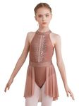 CHICTRY Kids Girls Sleeveless Halter Shiny Rhinestone Lyrical Dance Dress Skirted Leotard Figure Ice Skating Dress Dancewear Coffee 7-8 Years