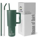 House of Quirk 1200ML Stainless Steel Tumbler Hot and Cold with Handle and Lid 2 Straw, Double Insulated Cup 100% Leak Proof Mug Cupholder for Gym, Travelling (Hunter Green)