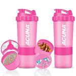 ACUNA Protein Shaker Bottle 600ml (Pack of 2), Gym & Sports Shaker Bottle With 3 Layer Storage Cups, Mixing Ball For Smoothie Shake, Leakproof Protein Powder Shaker (Pink-Pink)