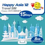 Happy Asia 12 Countries 15Days Unlimited Data Travel Sim Card | 8GB of 4G LTE High-Speed Data Then 128kbps | Support Google, Whatsapp, Facebook, Instagram and More | Easy Activation