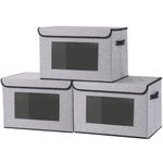 YheenLf Storage Bins with Lids, Shelf Basket with Handles, Cube Organizer Basket with Transparent Window for Organizing, Linens Clothes, Decorative Storage Containers, Gray, 3-Pack, Small