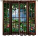 Enchanted Forest Landscape Curtains,Through The Window Fantasy Green Jungle Mushroom Fairy Magic Plant Night Scene,Blackout Rod Pocket Curtain for Bedroom Living Room Window Drapes 42x54 Inch