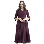 FableStreet Women's Casual A-Line Striped Maroon Shirt Midi Dress, Large