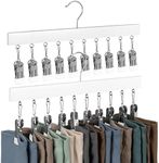 StorageWorks Wood Hanger for Pants, Wooden Pants Hangers with 10 Nonslip Clips, Set of 2 Legging Organizer for Closet, Space Saving Hangers Hold 20 Skirts, Hats, Shorts, White