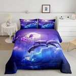 Galaxy Dolphin Bedding Set Twin Coastal Ocean Waves Comforter Set Night Star Moon Cherry Blossoms Comforter For Kids Girls Teens Sea Animal Starry Sky Quilt Duvet Purple Blue Marine Room Decor 2 Pcs