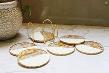 Monstera Hut ® Round Pearl White Transy Resin Coaster|(10 cm) | 4 Inch |Set of 6 | Resin Coaster for Tea, Coffee Table & Dining Table with Metal Holder