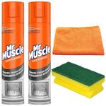 Mr Muscle Oven Cleaner Spray 300ml (Pack of 2) - Oven BBQ Cleaner Degreaser - Removes Tough Grease - No Scrubbing Required with Microfibre Cleaning Cloth and Degreaser Sponge