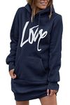 PRETTYGARDEN Women's Hooded Sweatshirt Drawstring Lightweight Long Sleeve Pullover Hoodie Dress (Navy,Medium)