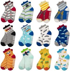 HYCLES Anti Slip Toddler Socks, 12 Pairs Non-Skid Cotton Grip Kid Socks for 5-7 Years Kids Boy Girl