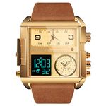 Gosasa Men Square Large Face Digital Sports Watch,LED Analog Quartz Wrist Watch with Multi-Time Zone 50M Waterproof Stopwatch, Gold Brown, big, Digital